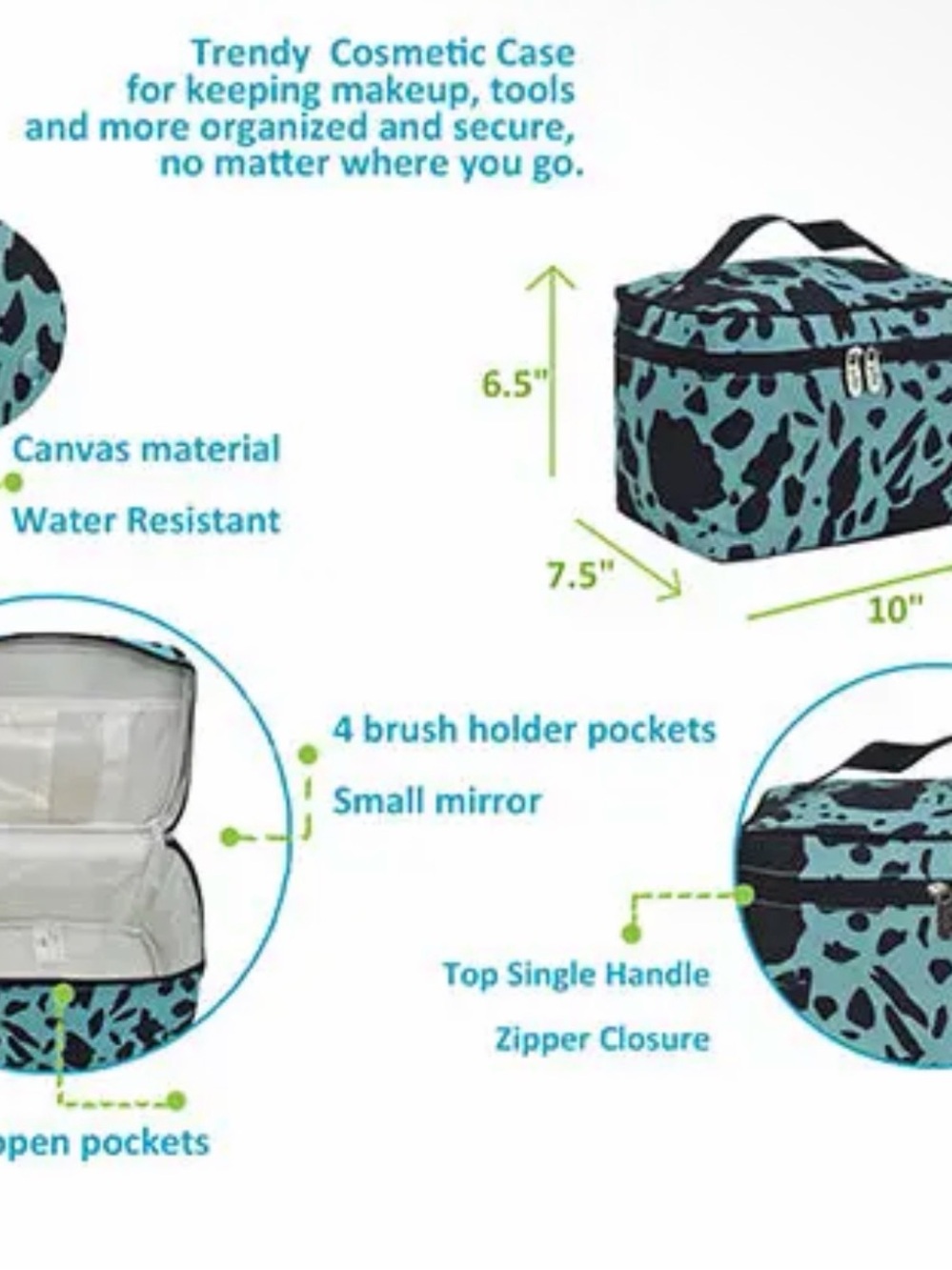 Turquoise Black Cowprint Cosmetic Bag Set - Matching Travel Organizer - Picture 9 of 10
